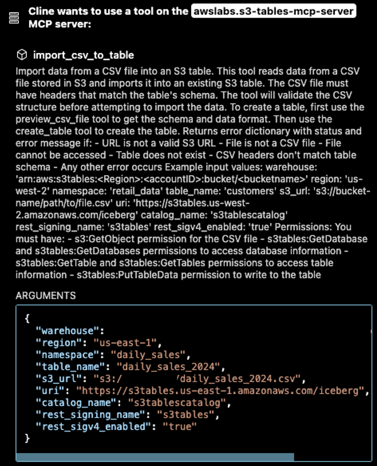 AI assistant proceeds to use import_csv_to_table MCP Server tool to import CSV data from an S3 general purpose bucket to S3 Table bucket abc_revenue in the daily_sales namespace.